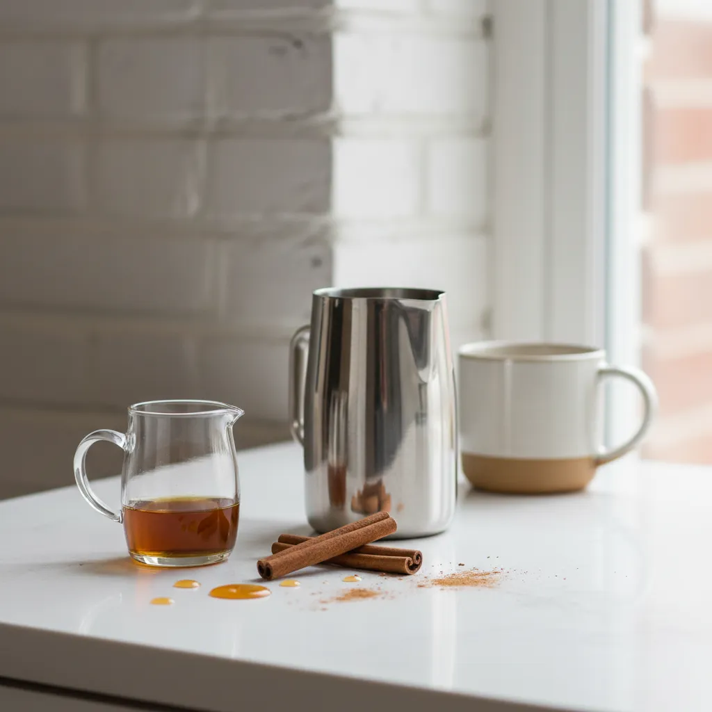 Maple syrup pitcher and cinnamon sticks on quartz counter