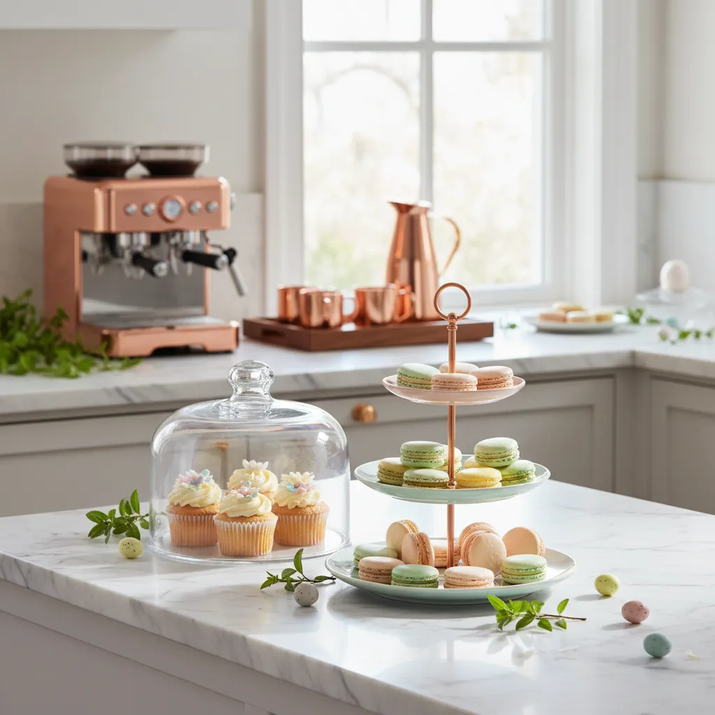 Organized dessert buffet on marble counter with tiered trays separating gluten-free treats from other items