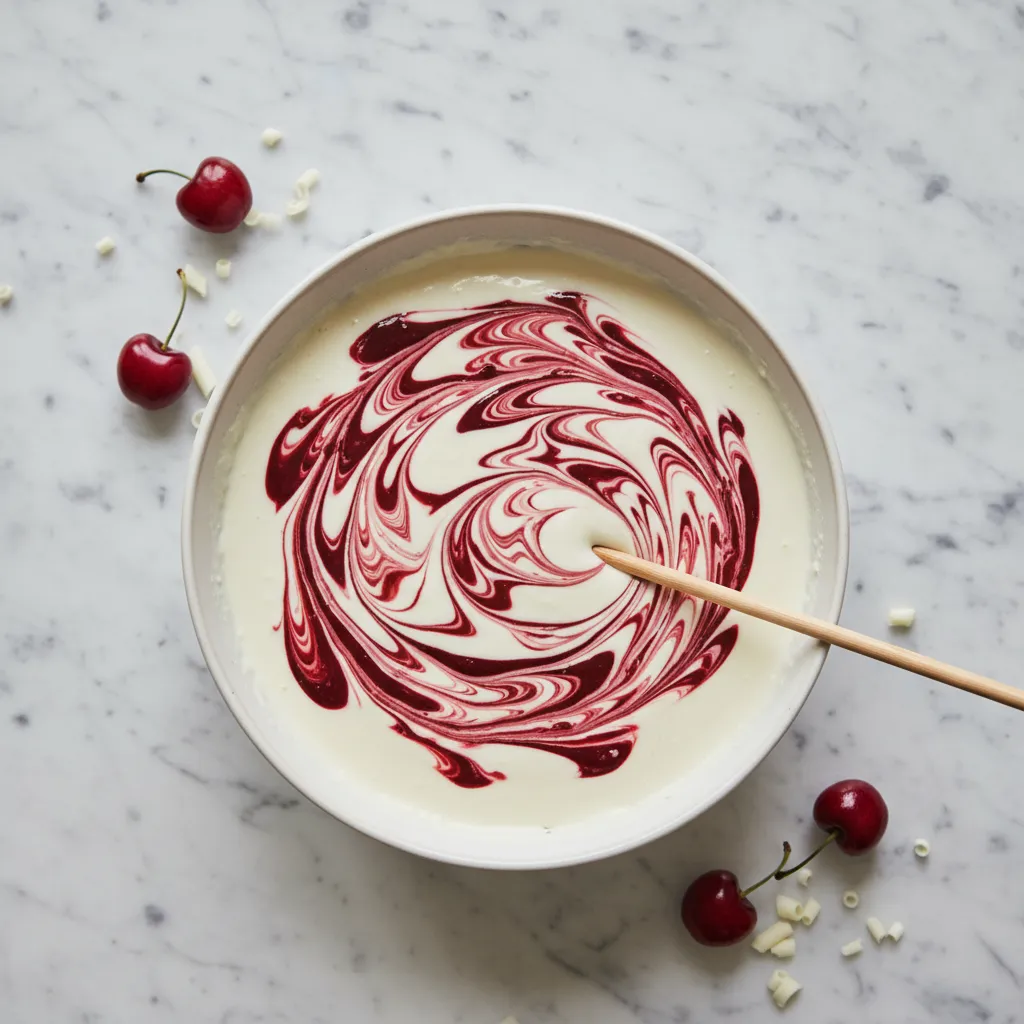 Artistic cherry swirl pattern being created in white chocolate cheesecake batter