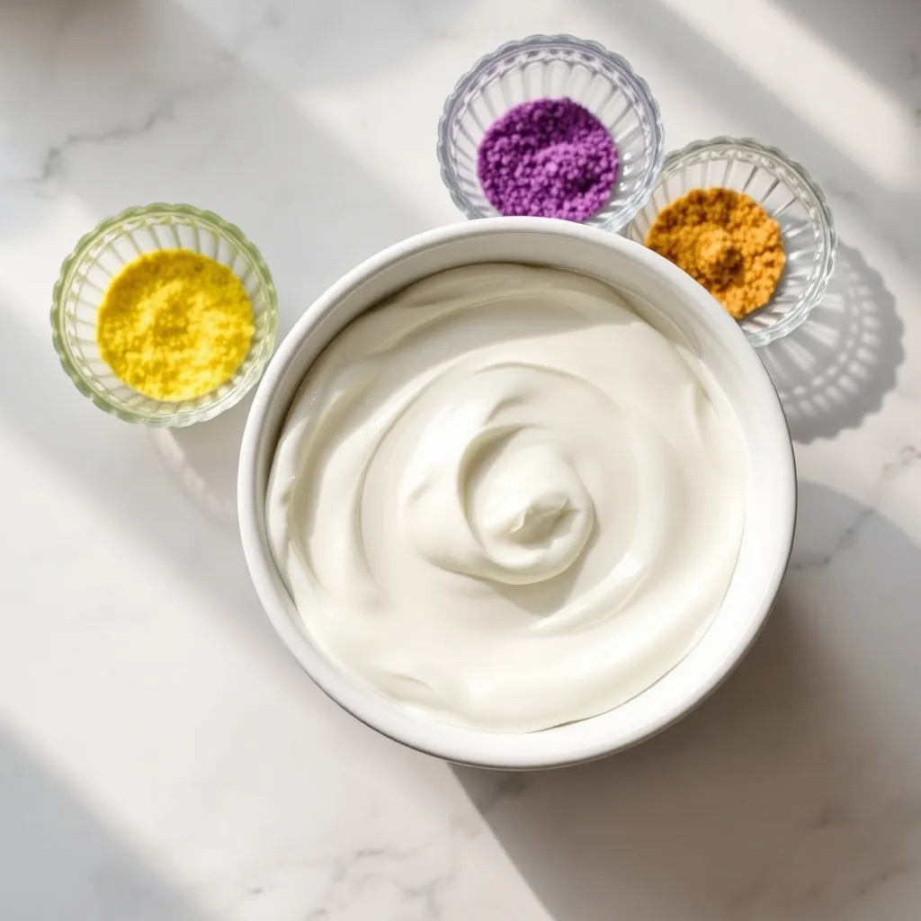 White icing bowl and purple green gold sugar bowls on marble counter