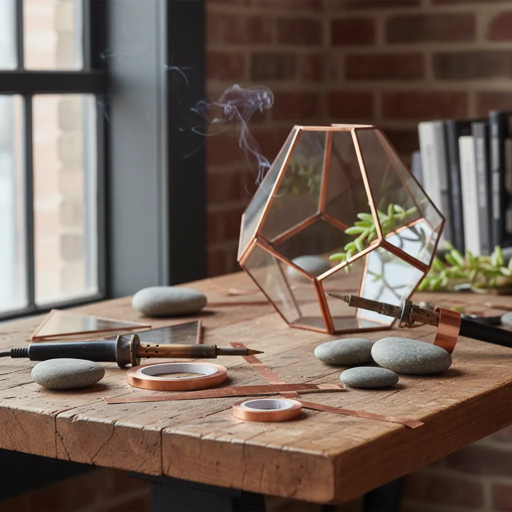 Copper tape glass panes and soldering tools for DIY terrarium