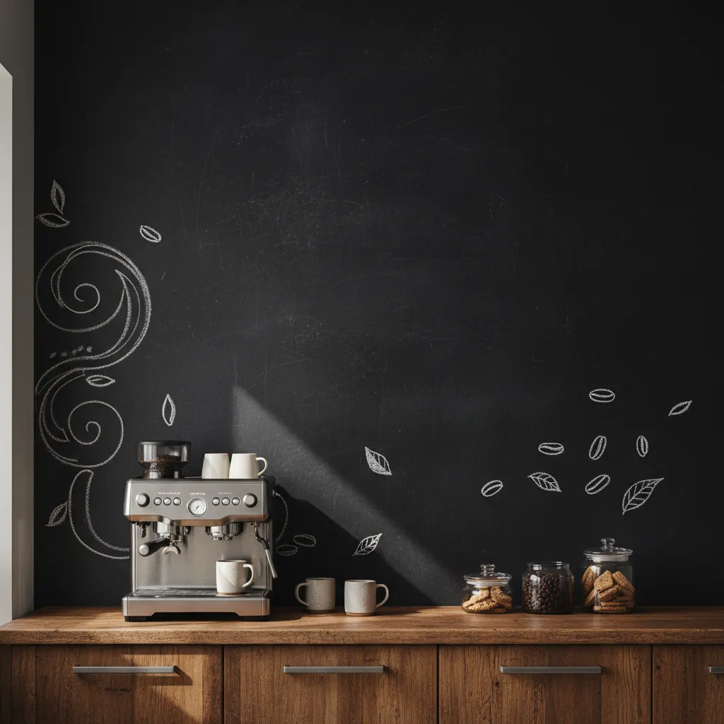 Rustic coffee bar with a matte black chalkboard accent wall featuring white chalk art