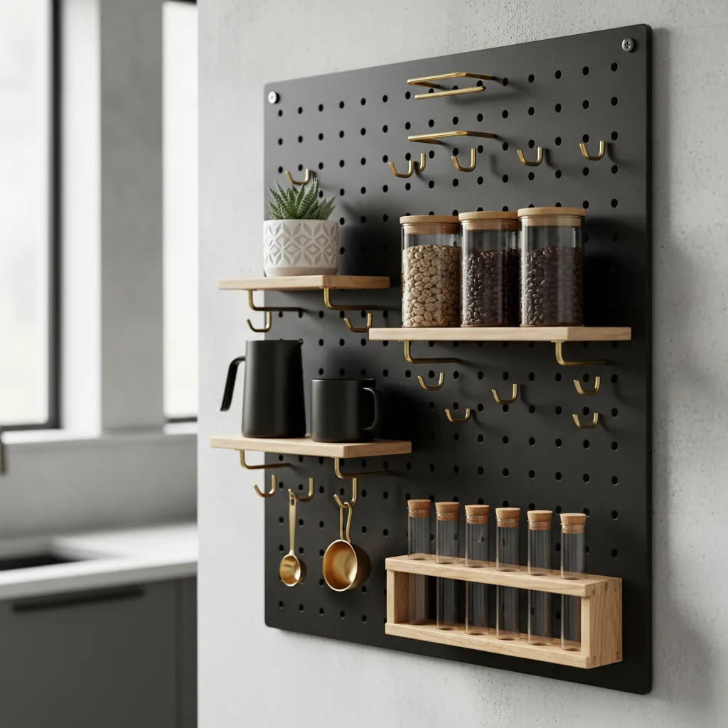 Close-up of black metal pegboard with brass accents and coffee storage