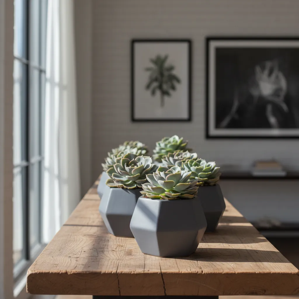 Hexagonal ceramic pots with succulents on a wooden table