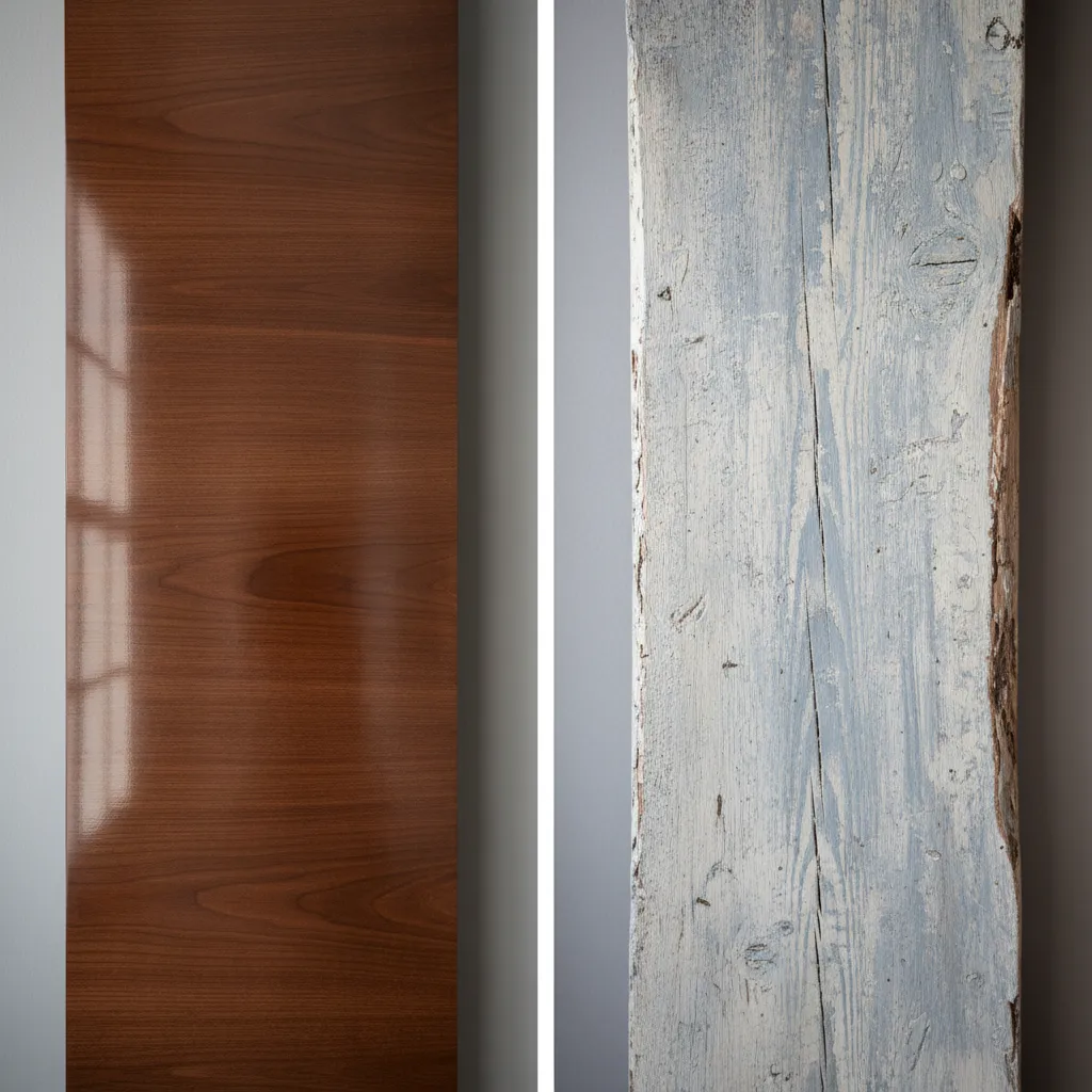 Visual comparison of matte chalk paint versus glossy latex on wood