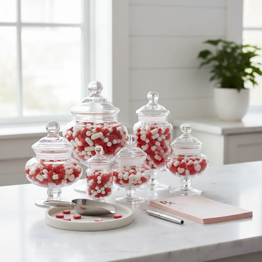 Red and white candy buffet setup with medical theme details for graduation