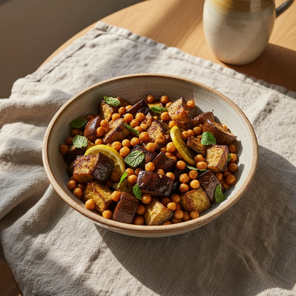Rustic stoneware bowl with roasted eggplant and chickpeas on linen