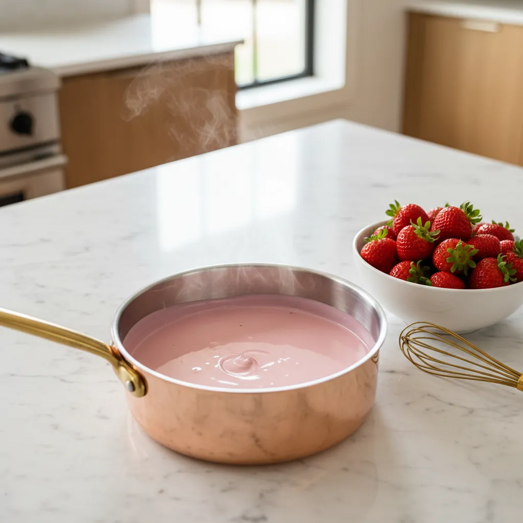 Double boiler with melted pink chocolate on marble countertop