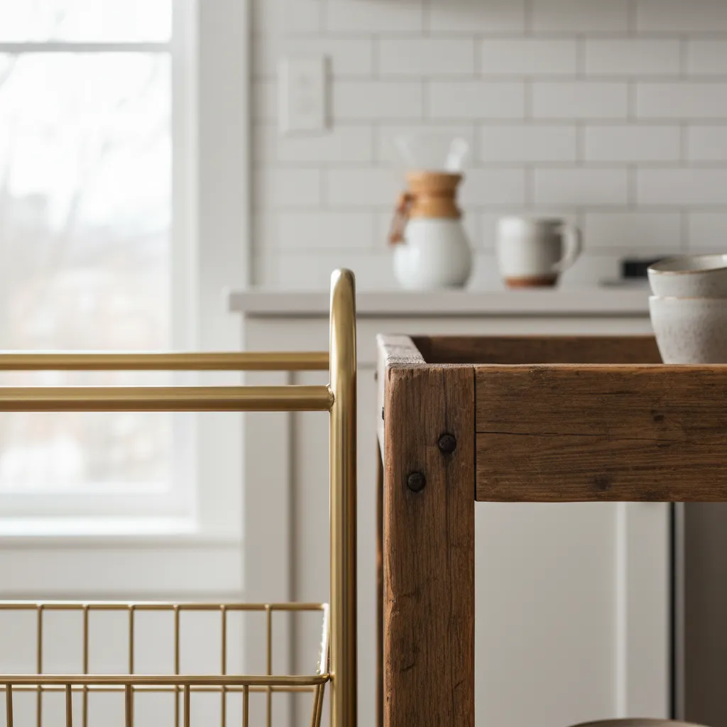 Close up comparison of gold metal and rustic wood cart textures