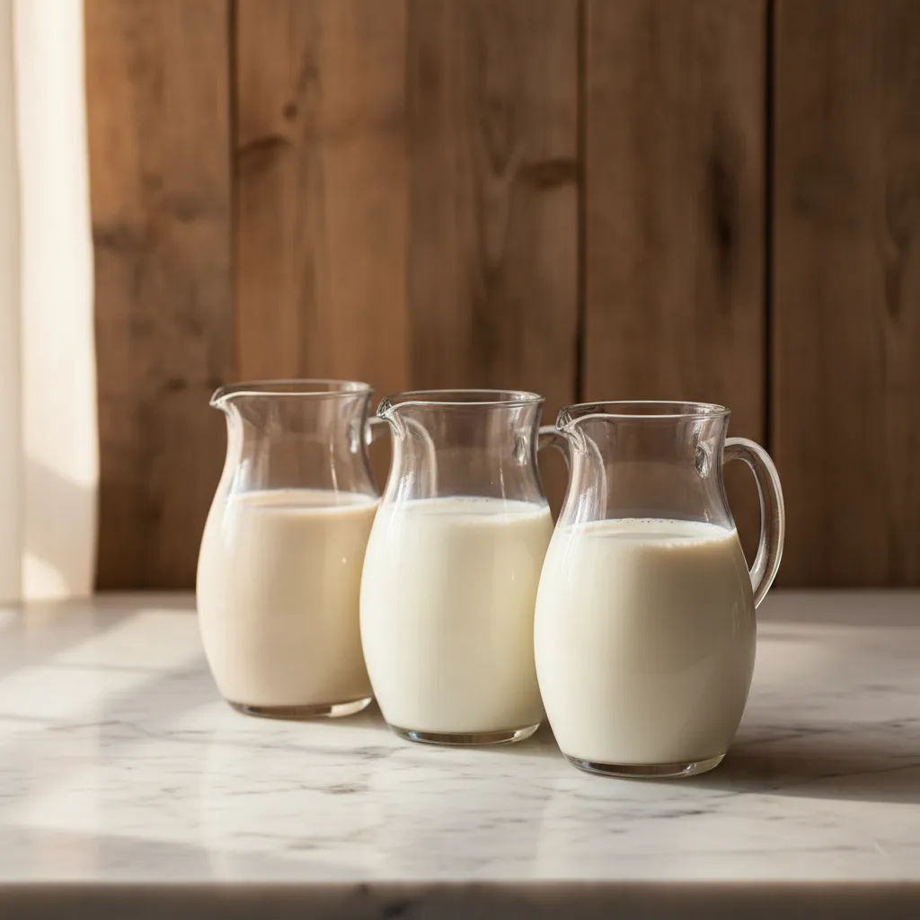 Comparison of almond oat and dairy milk textures in glass pitchers