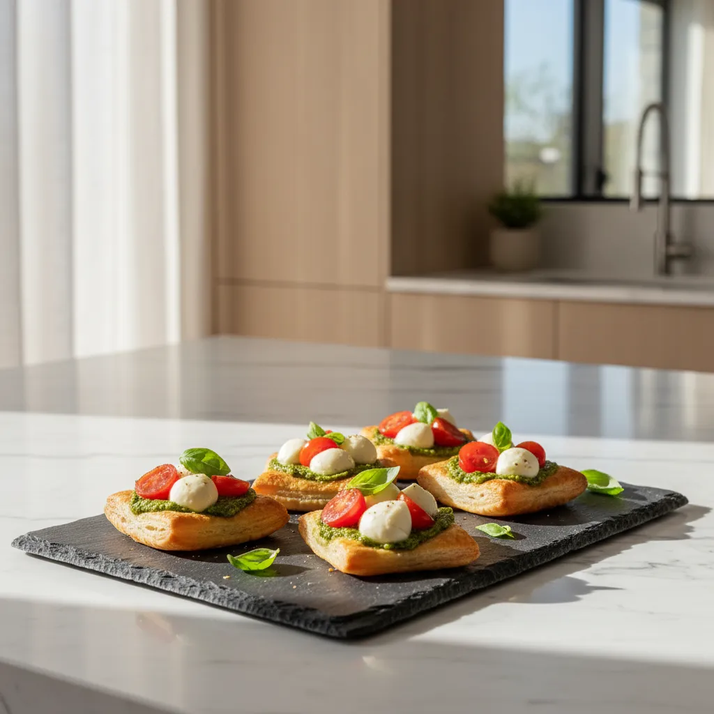 Golden puff pastry tarts with pesto and tomatoes on a marble counter for Easter brunch