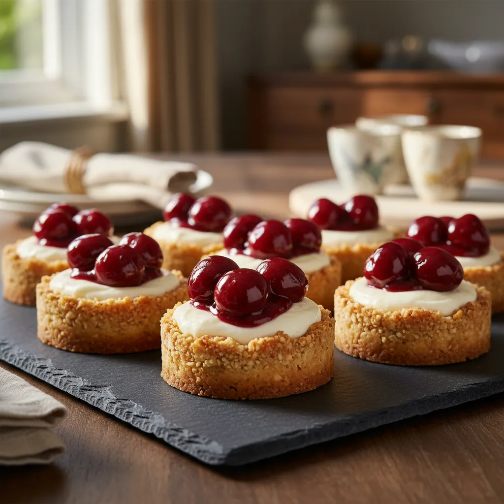 Close up of almond crust tartlets with cherry topping on a dark slate serving board