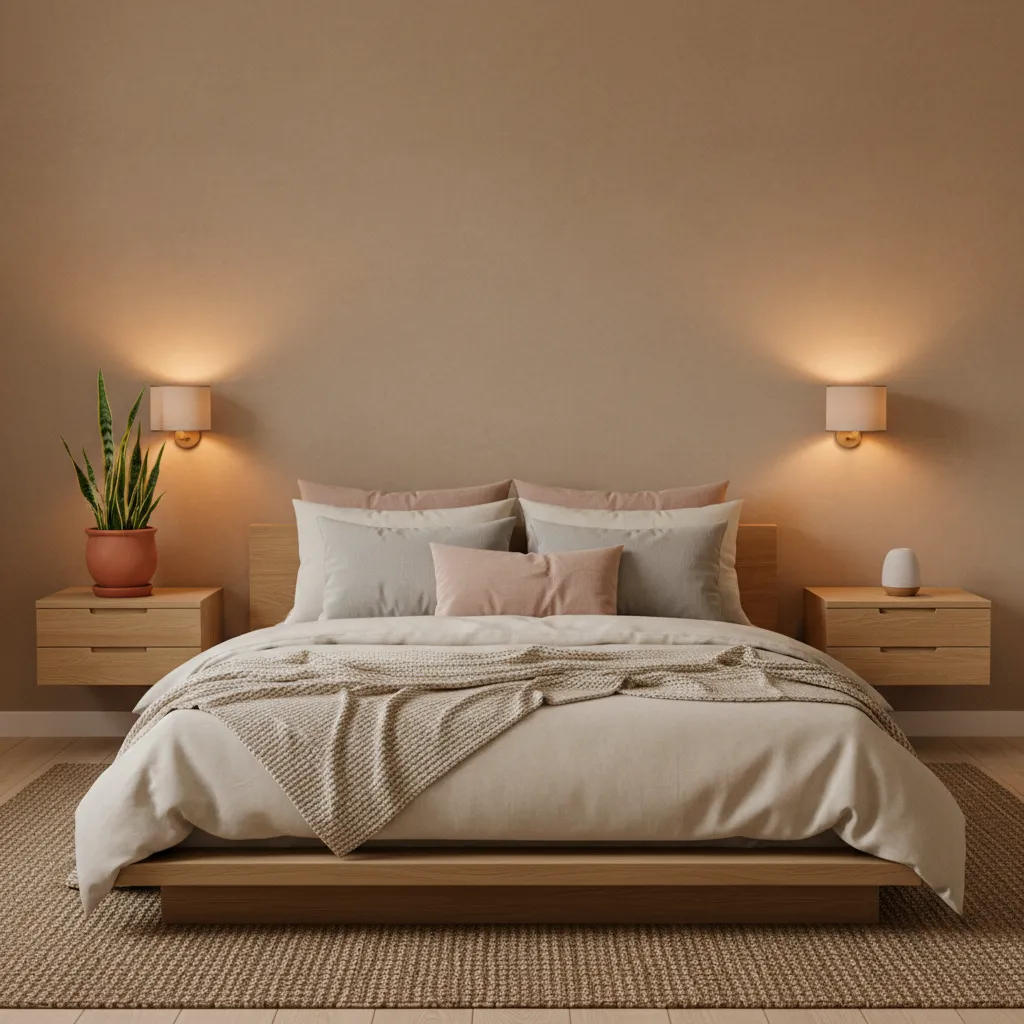 Low profile bed with floating nightstands in a neutral small bedroom