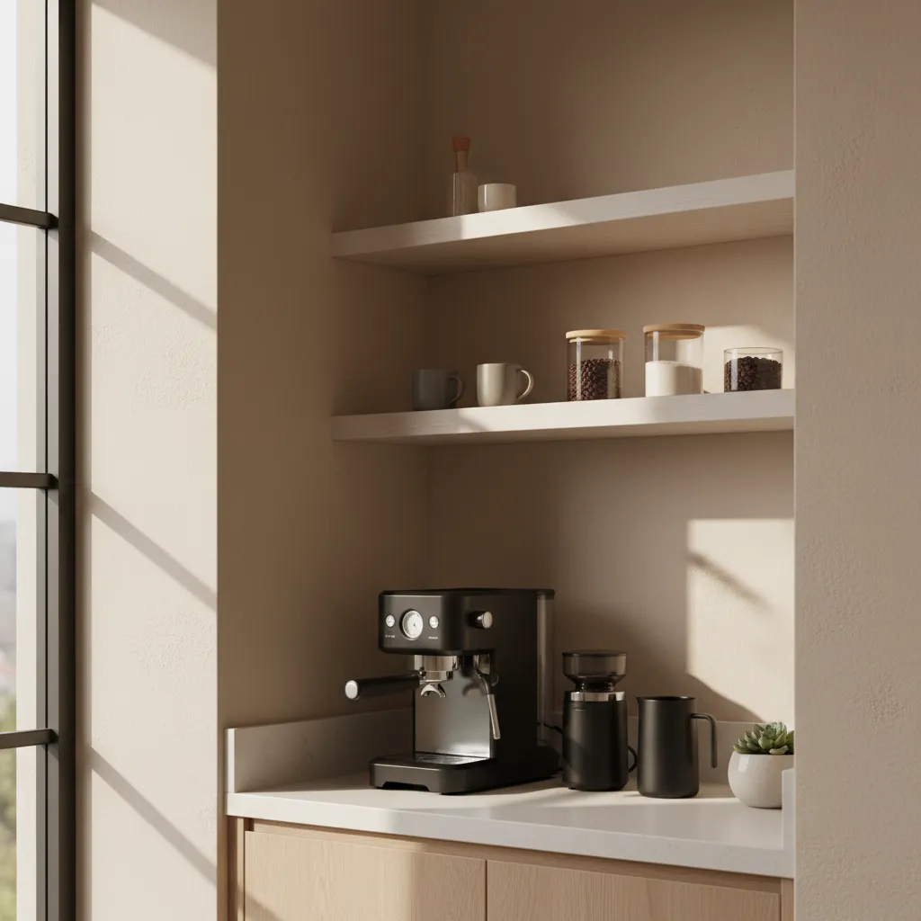 Small minimalist coffee bar with floating shelves and neutral color palette