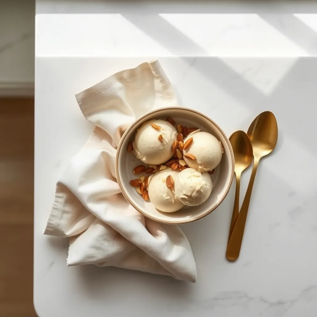 A minimalist marble countertop with a bowl of ice cream and a gold spoon.
