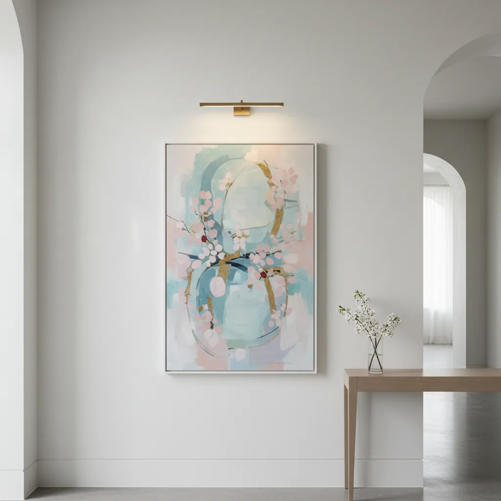 Abstract painting hanging in a minimal white hallway illuminated by a gallery light
