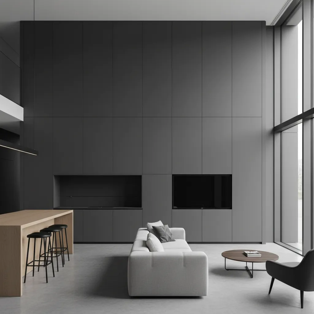 Floor to ceiling hidden storage wall in a modern open concept living room