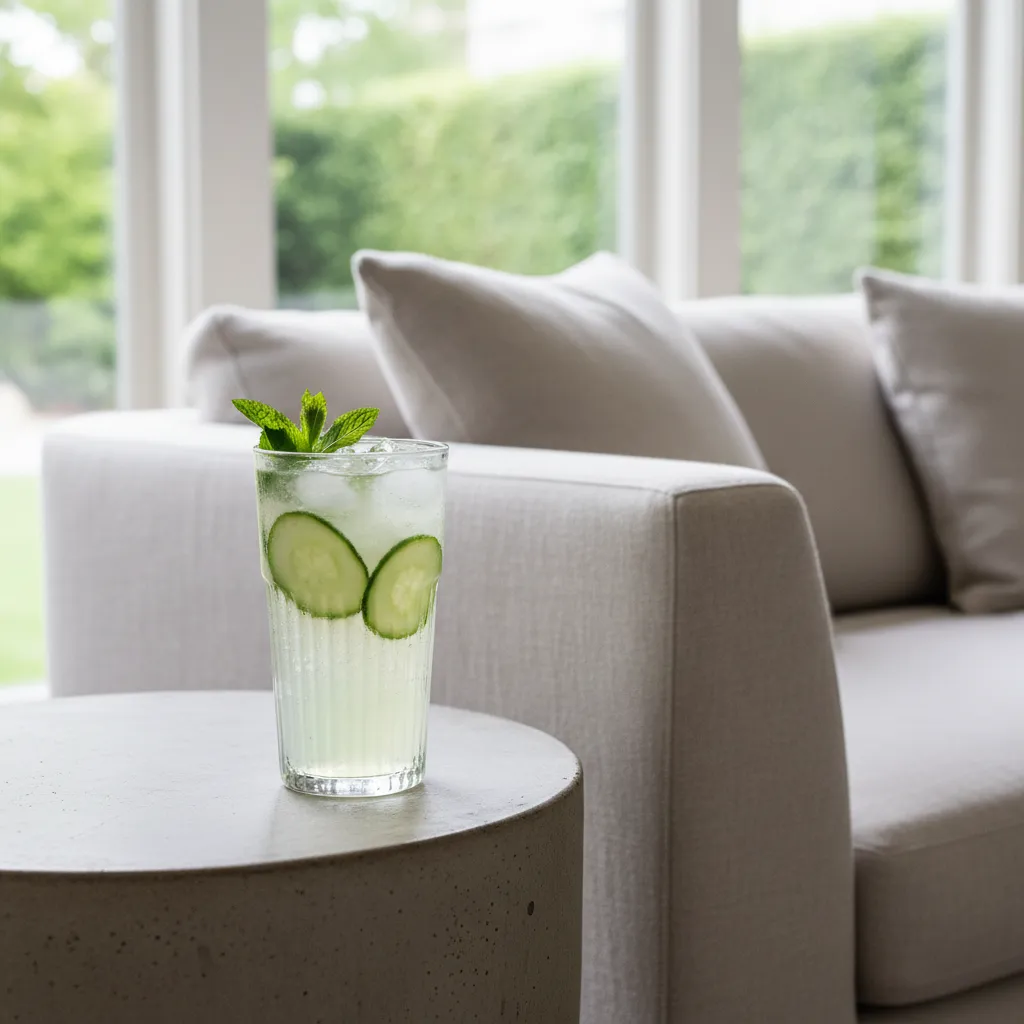 A stylish ribbed glass with a cucumber mint spritzer in a modern living room.