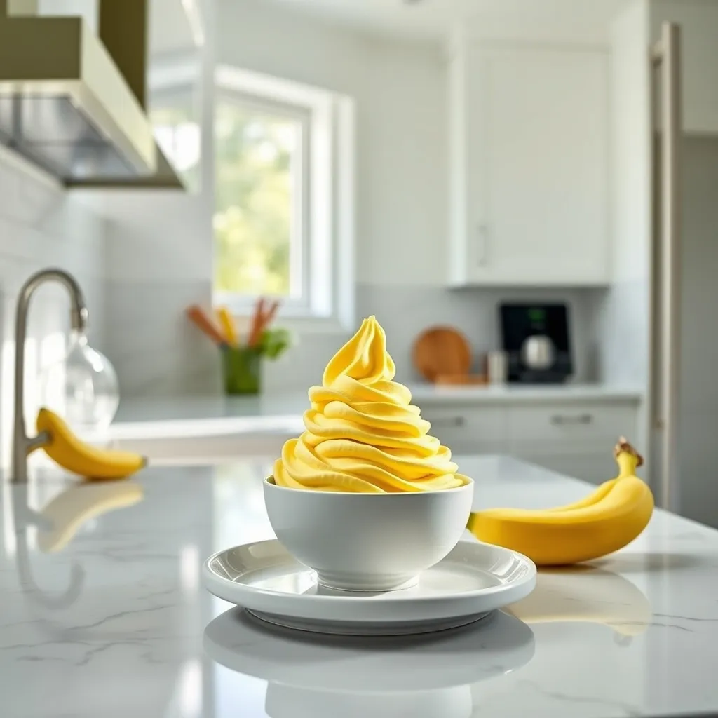 A bowl of homemade banana ice cream on a marble kitchen counter --no text, no words, no letters, no signboards, no logos