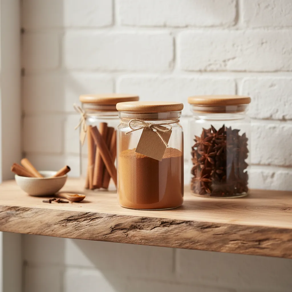 Spice jars with wooden lids and ground cinnamon on a raw wood shelf