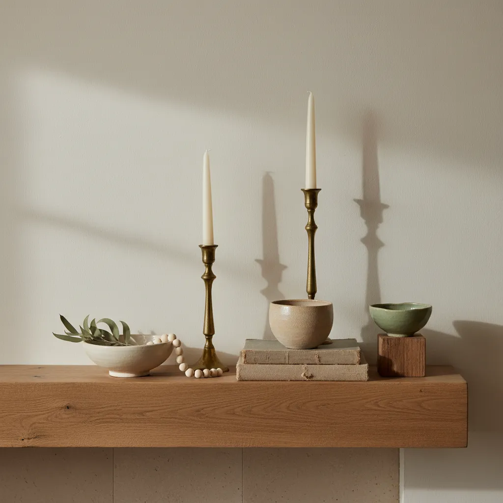 Vintage brass decor repurposed for spring mantel styling with neutral colors