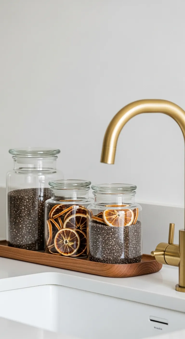 Glass jars with chia seeds on a wooden tray in a modern kitchen