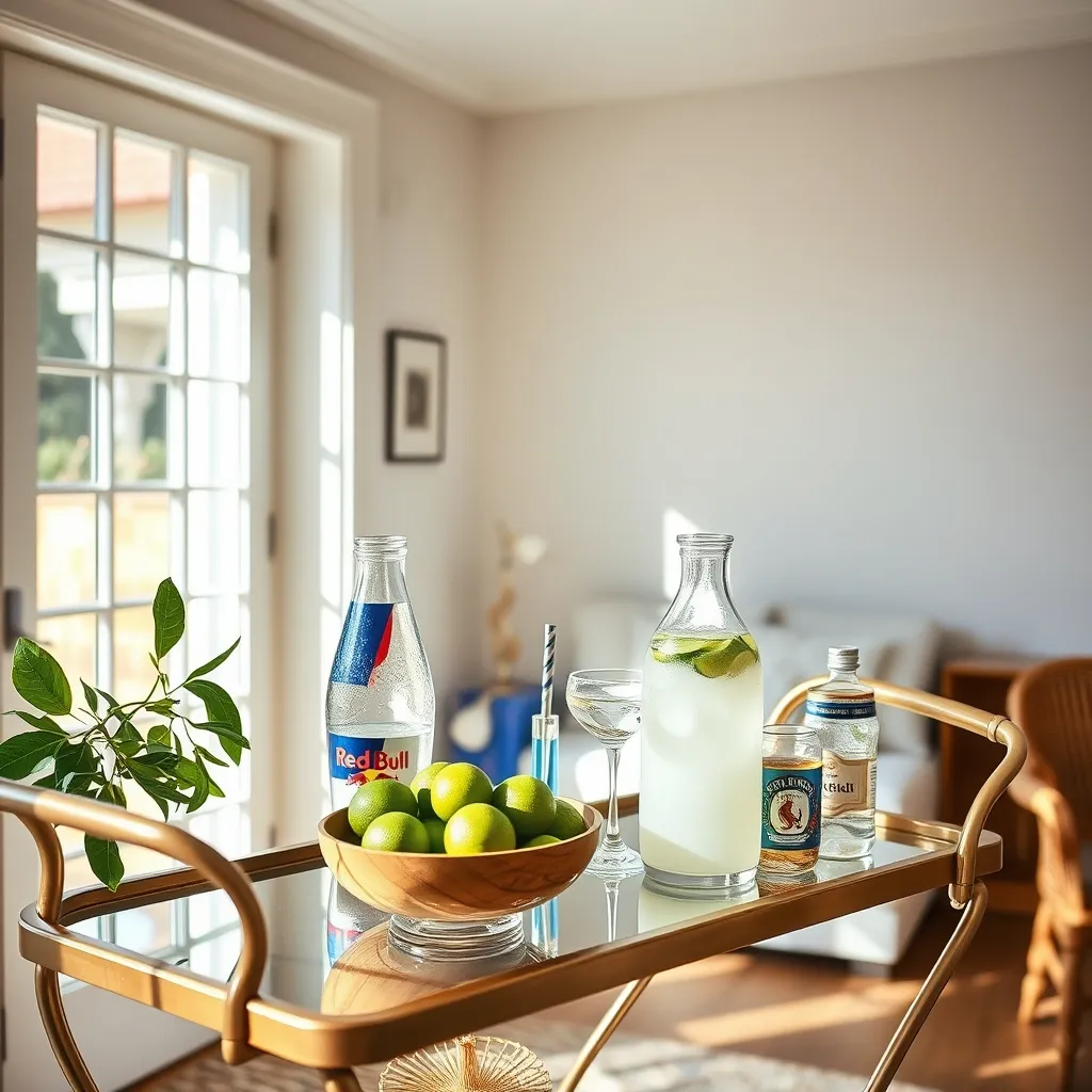 Bar cart with fresh limes and drink carafes in a sunny room