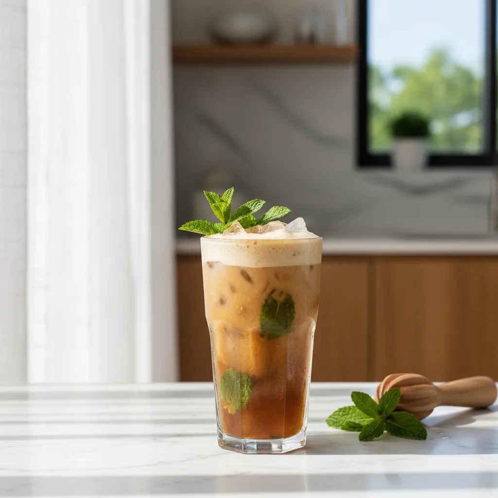 Fresh mint mojito iced coffee on a marble counter with natural light