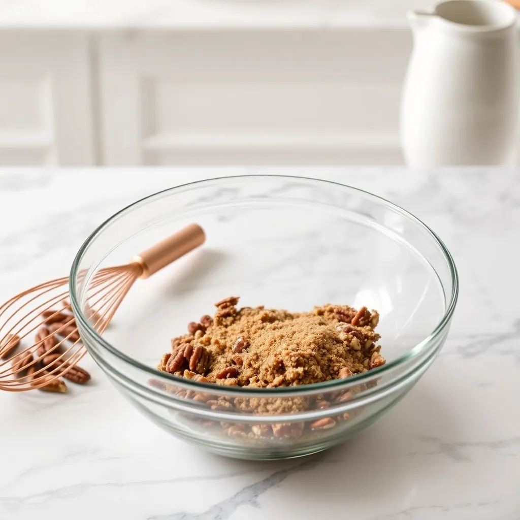 Glass bowl with toasted pecans and brown sugar mixture for king cake filling