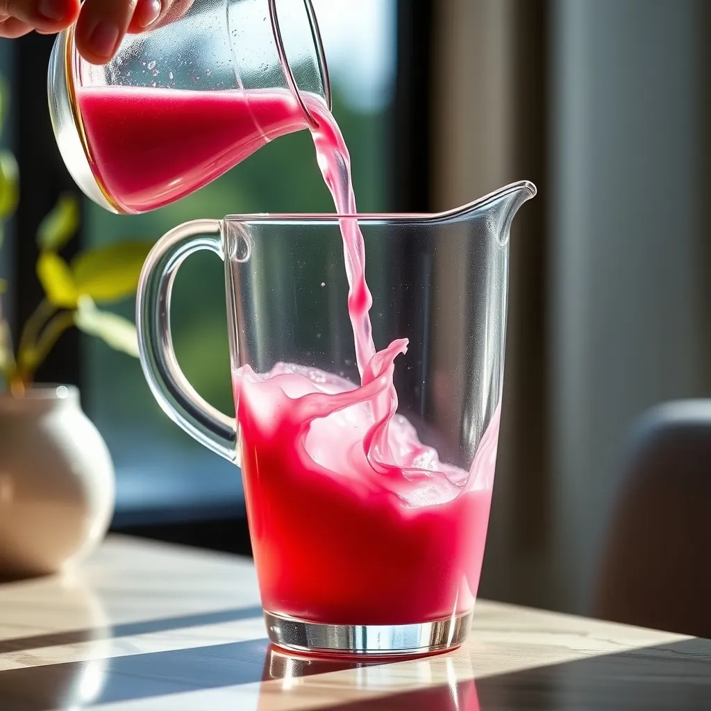 Action shot of whisking ingredients for a homemade Starbucks Pink Drink base in a glass pitcher.