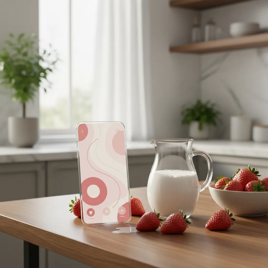 Concept image of ordering a frappuccino on a mobile app with fresh ingredients nearby