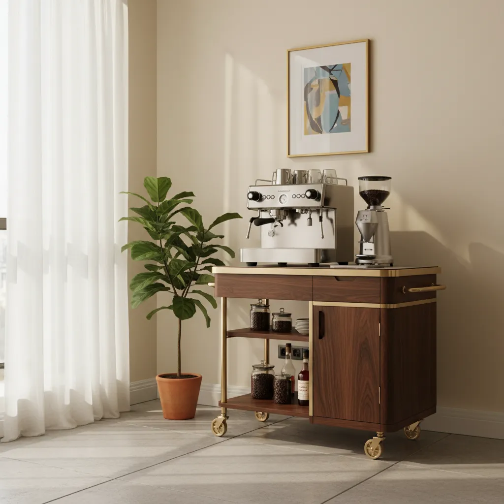 Walnut mobile coffee cart with brass details and hidden cable management