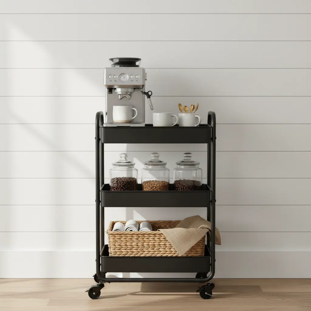 Three tier rolling coffee cart styled with espresso machine and woven baskets