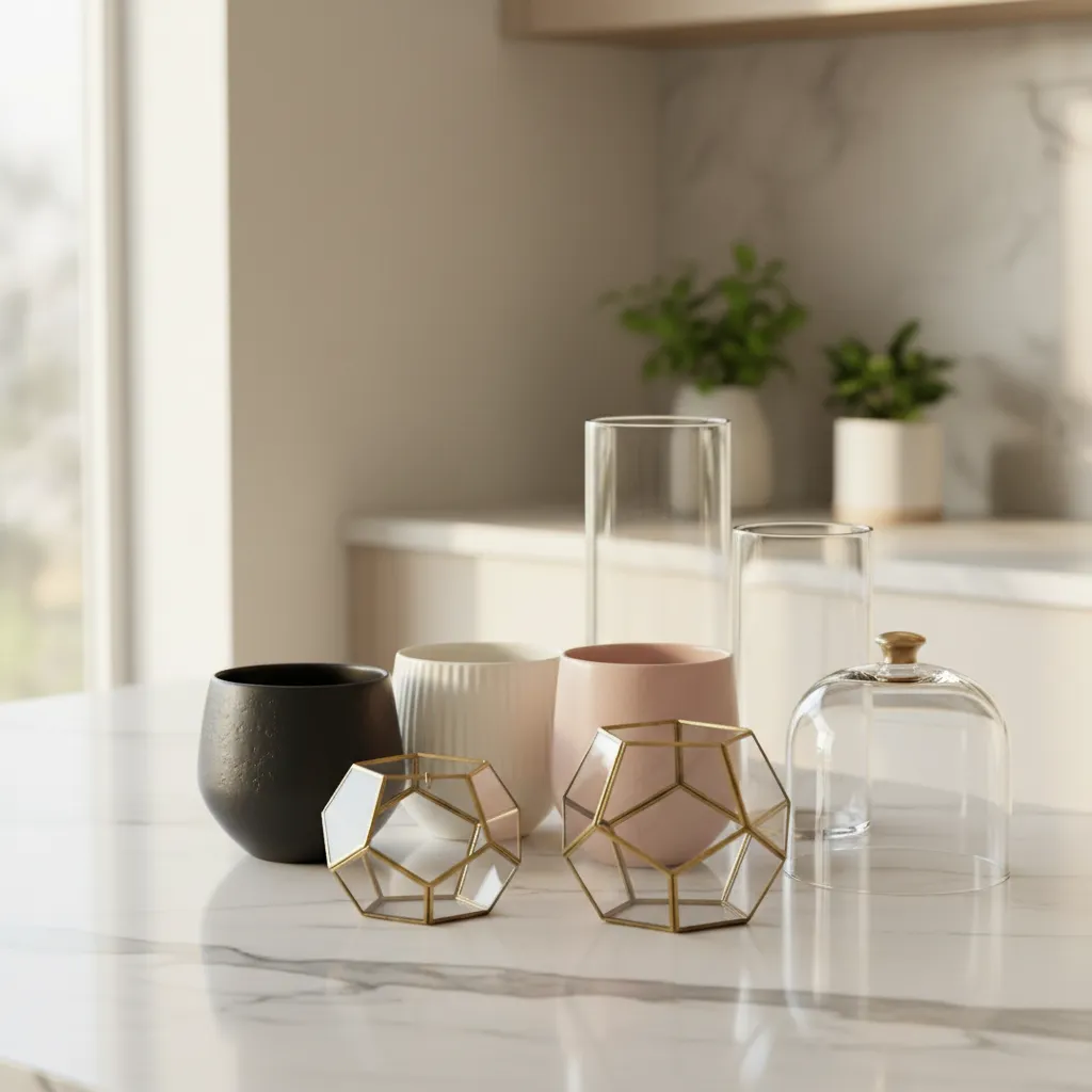 Assorted glass and metal vases for party table centerpieces