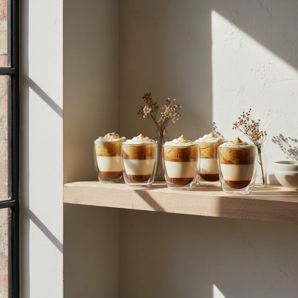 Clear double-walled coffee glasses arranged on a wooden shelf