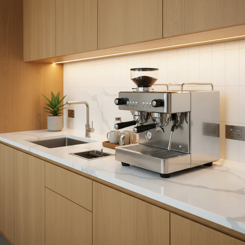 A minimalist home coffee bar station featuring a professional espresso machine and ergonomic layout.