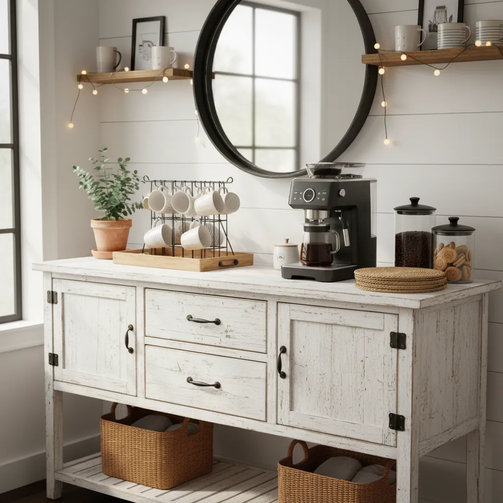 Rustic white buffet table styled as a coffee station with black accents