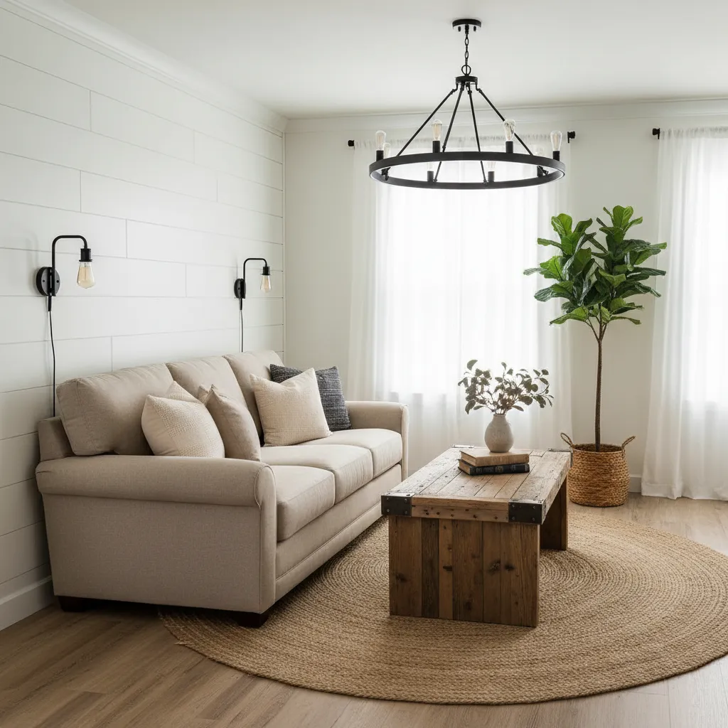 Modern farmhouse living room in a single wide trailer with shiplap walls and rustic decor