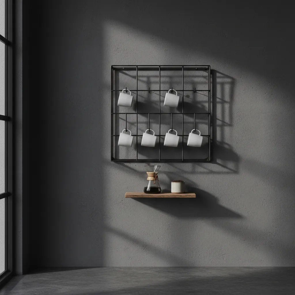 Sleek black metal mug rack on dark wall with white mugs