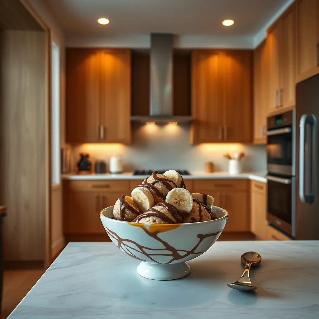 Minimalist kitchen scene featuring a bowl of banana ice cream with chocolate swirl