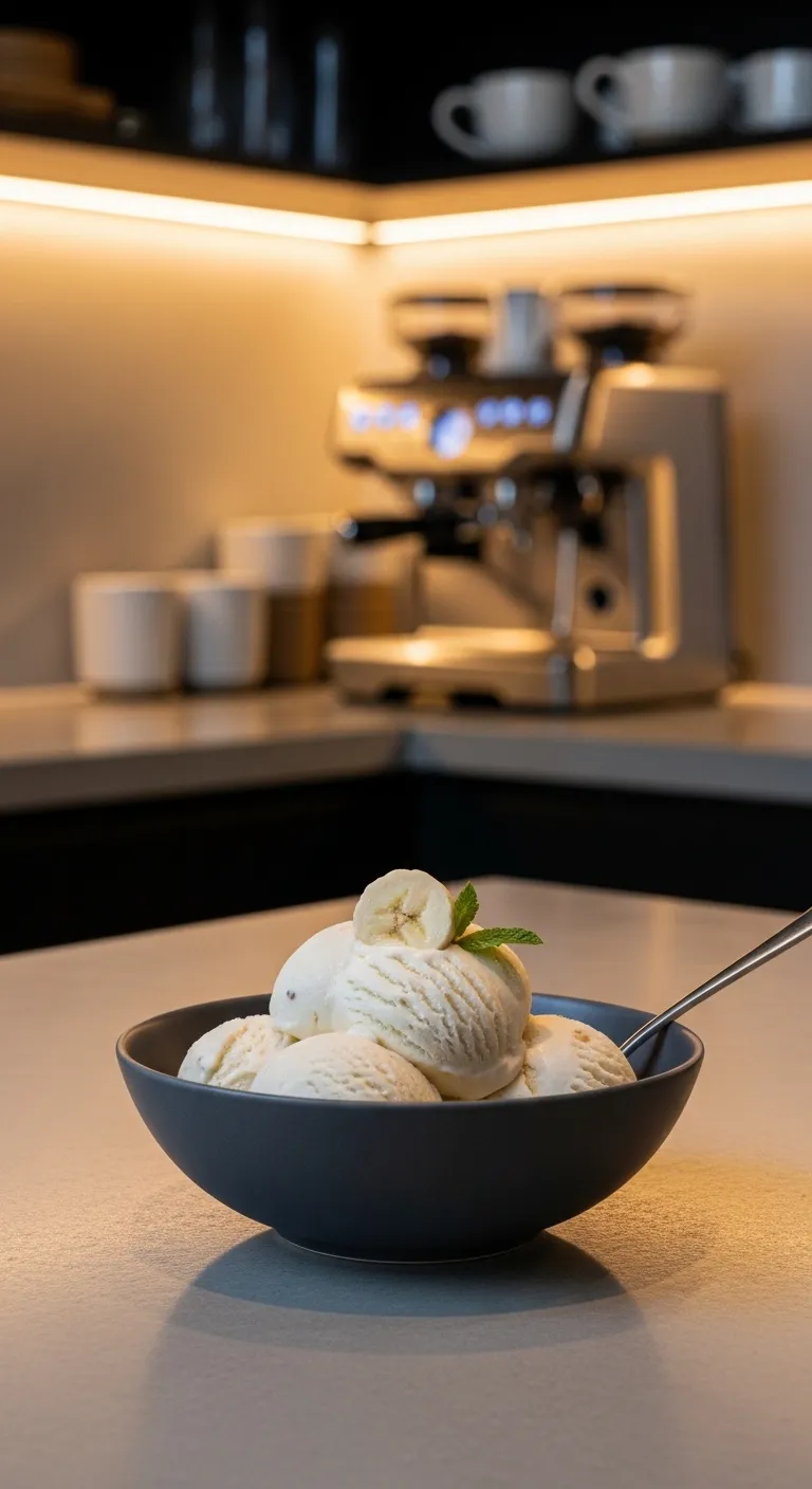A bowl of velvet textured banana ice cream on a dark wood table with warm lighting.