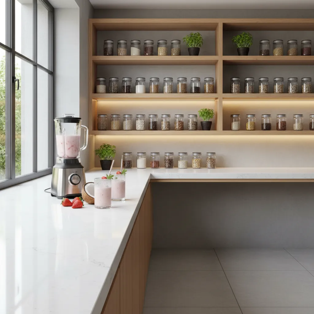 Sleek modern kitchen counter with blender and fresh ingredients