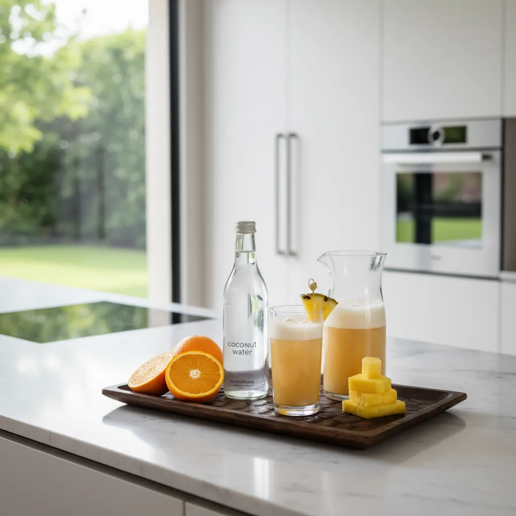 Modern open concept kitchen with citrus fruit and coconut water