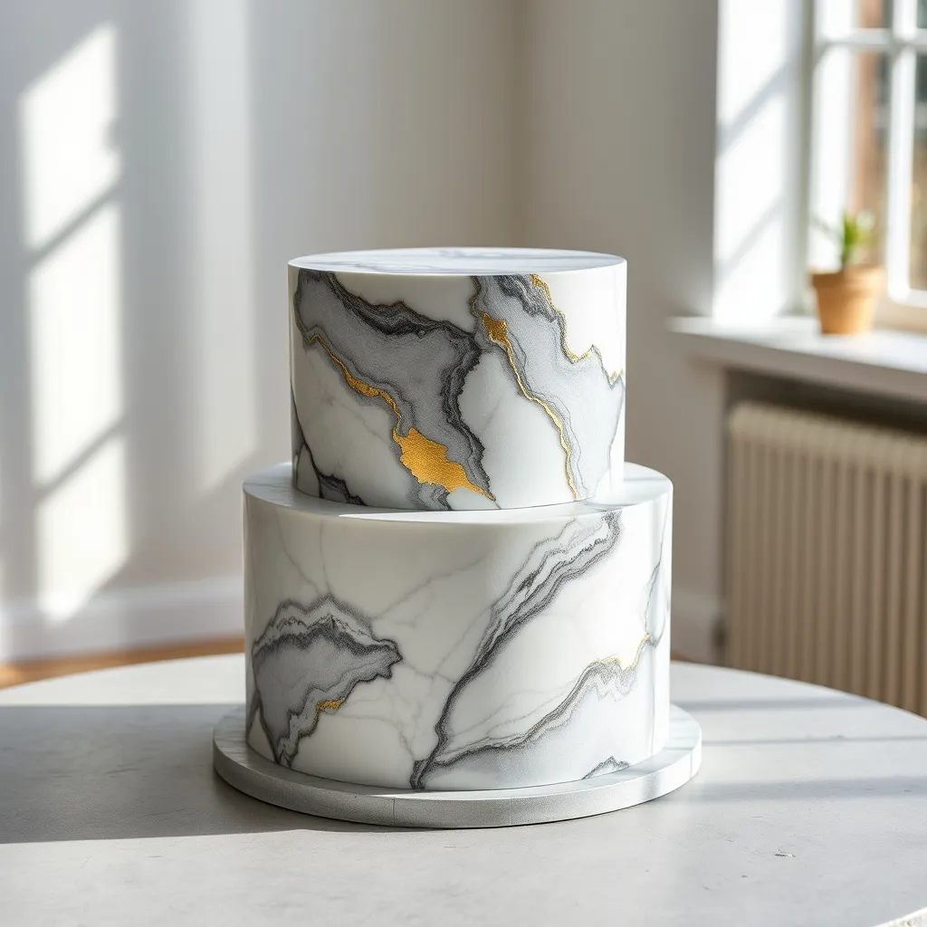 A sophisticated two tier marble fondant cake with sharp geometric edges