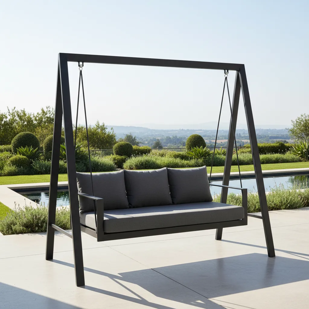 Black powder coated aluminum swing frame with modern cushions