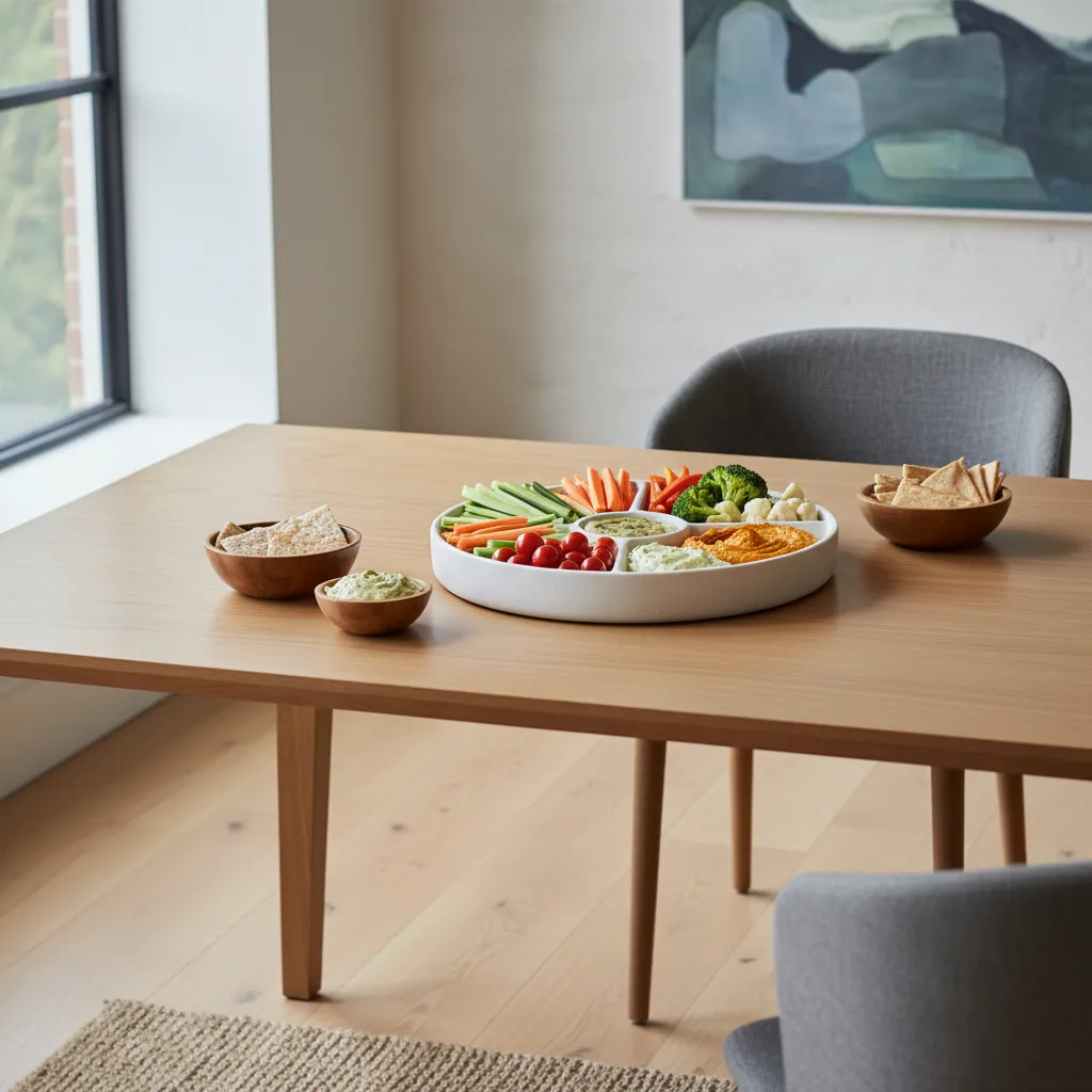 A minimalist ceramic divided dipping tray on a wooden dining table