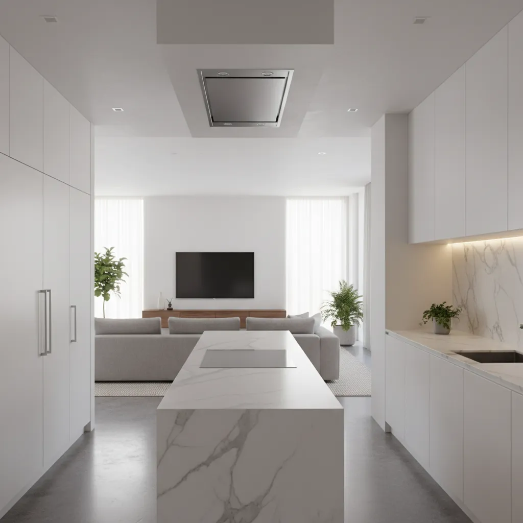 Sleek flush-mount ventilation hood in a modern open kitchen with marble textures and warm lighting