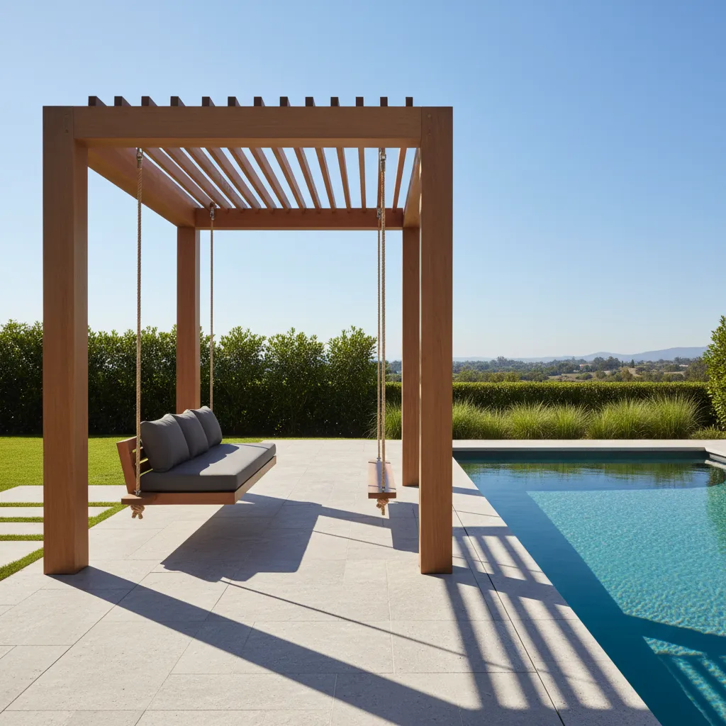 Cedar wood pergola with a sleek bench swing positioned on stone pavers near a pool