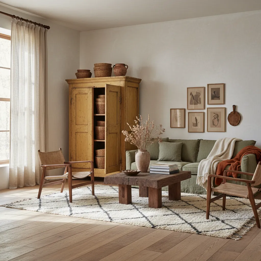 Modern primitive living room with warm white walls and mustard yellow antique cupboard