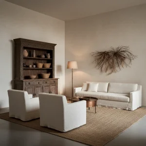 A modern primitive living room featuring textured limewash walls, antique dark wood furniture, and a neutral color palette.